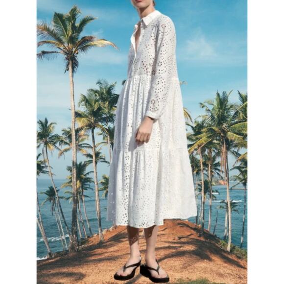 ZARA WOMAN ZW COLLECTION CUTWORK EMBROIDERY EYELET OFF WHITE DRESS SIZE S. - Picture 2 of 6